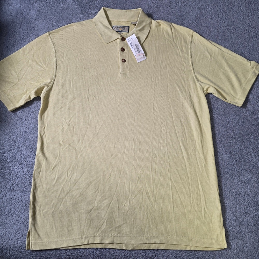 Pusser's Mens Large Polo Shirt Yellow Silk Cotton Blend Short Sleeve Ribbed